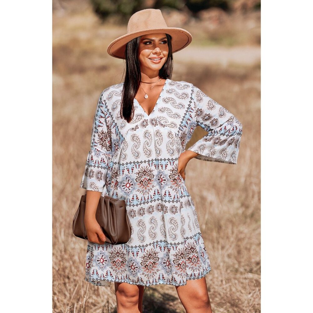 Paisley Boho Flared Sleeve Mini Dress, XL